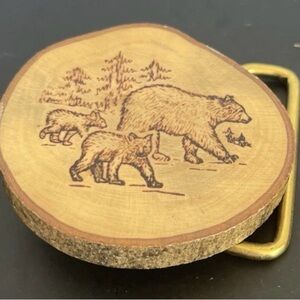 Vintage Wood Slice Belt Buckle Bear Cub Forest Scene Rustic Pyrography 1970s